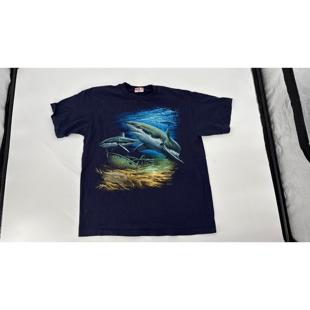 Vintage Wild Gear Shark Shipwreck T Shirt Navy Blue Single Stitch Mens Large